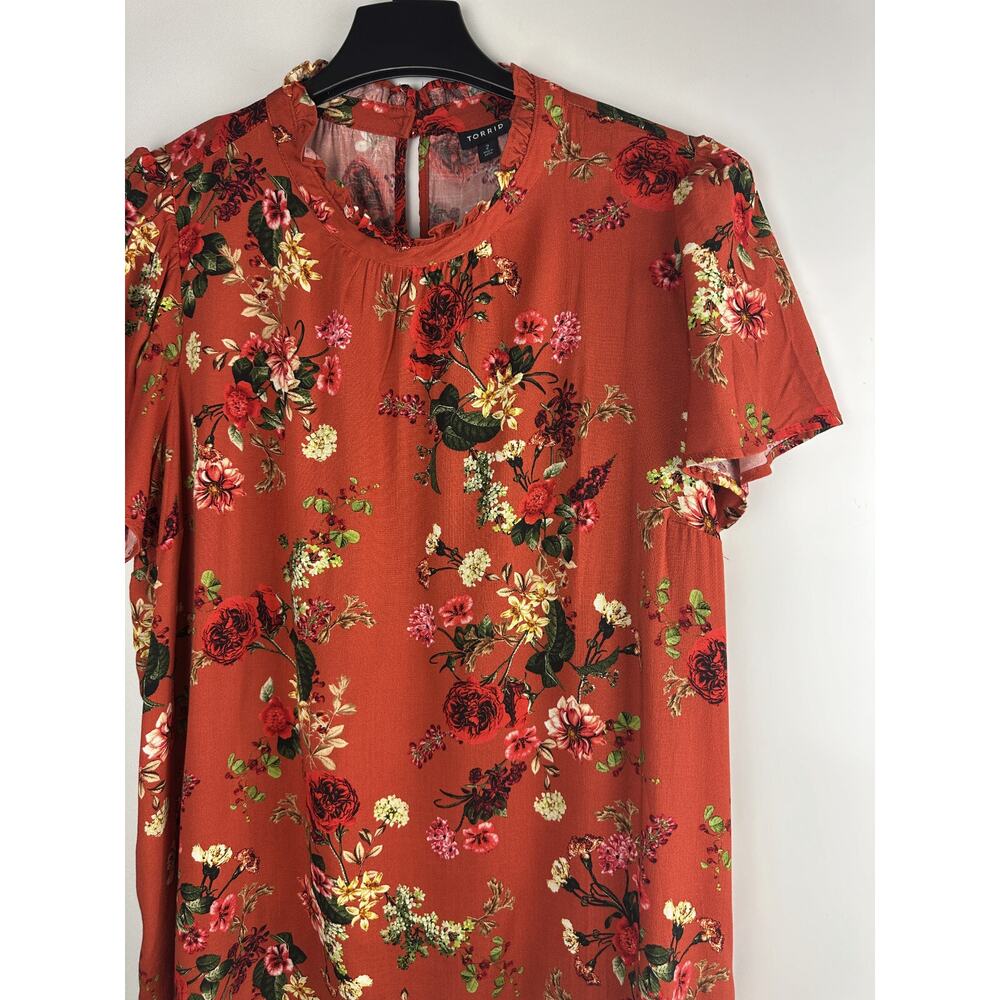 NWT Torrid Rayon Slub Mock Neck Flutter Sleeve Top Floral Orange Plus Size 2 2X - Picture 5 of 12